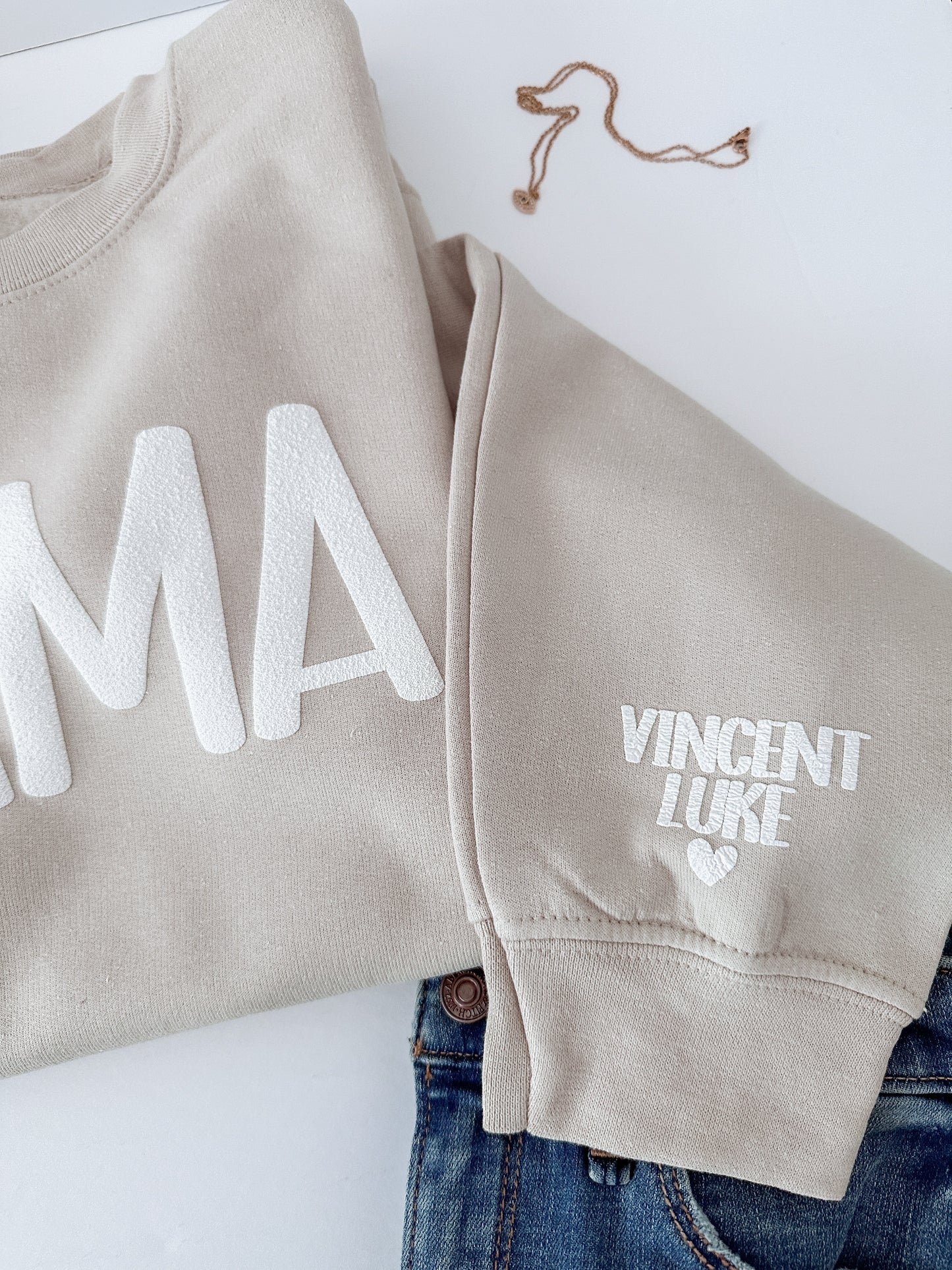 MAMA Puff Print Sweatshirt with children’s name on Sleeve
