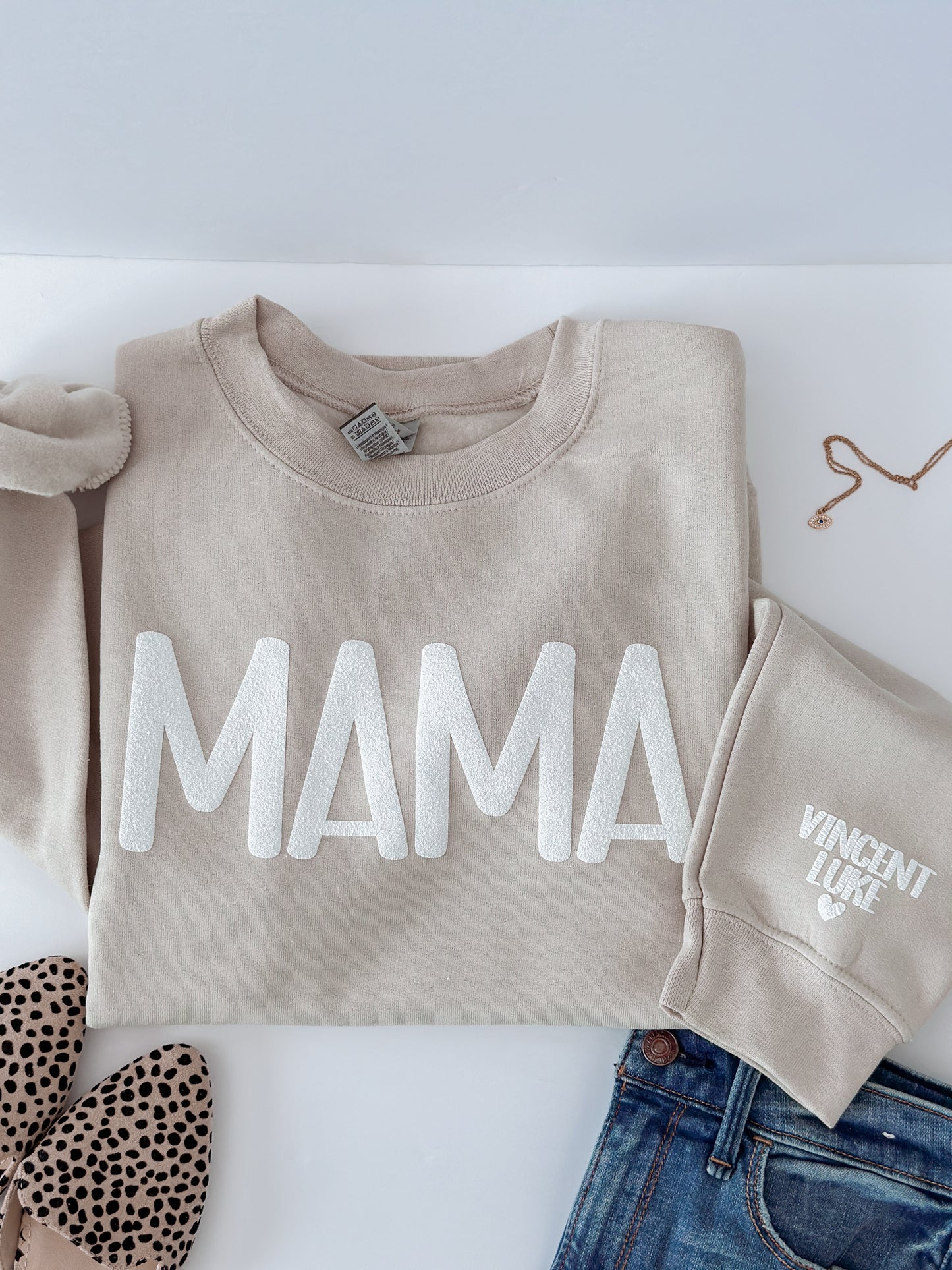 MAMA Puff Print Sweatshirt with children’s name on Sleeve