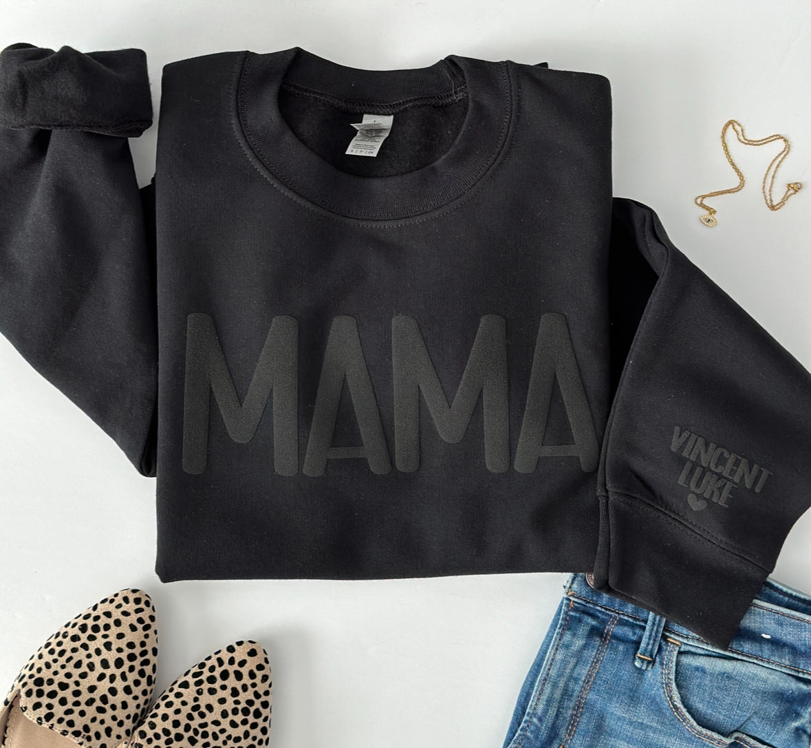 MAMA Puff Print Sweatshirt with children’s name on Sleeve