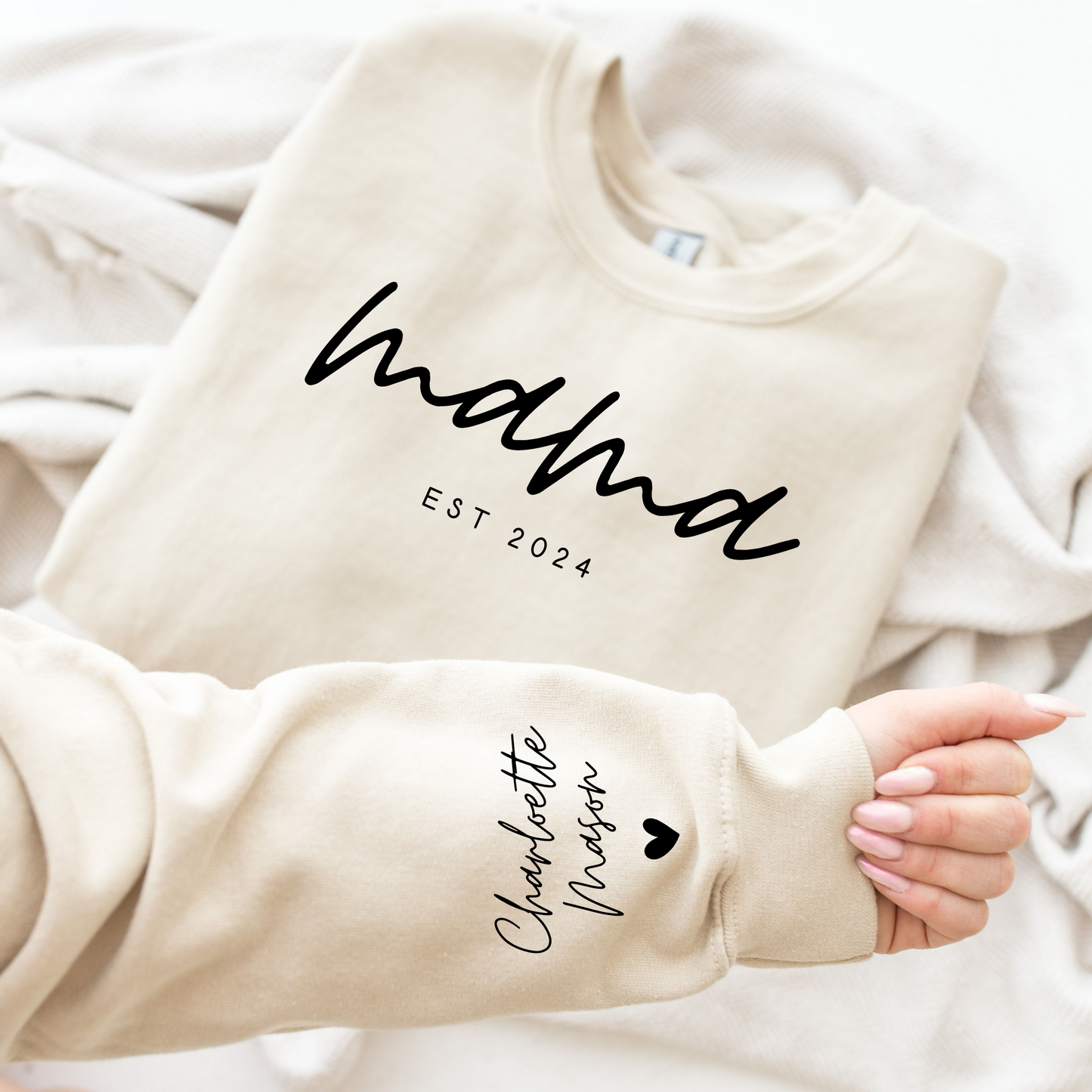 Personzalized Mama EST Sweatshirt with Children's name on Sleeve